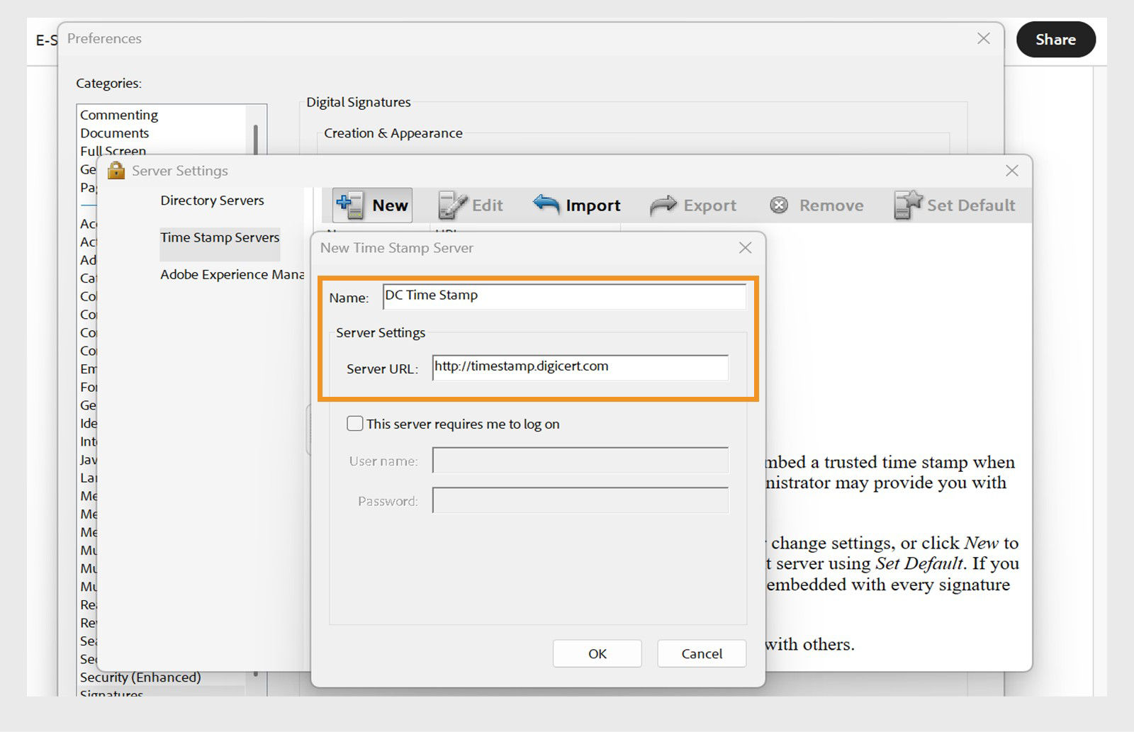 The Server Settings window in Acrobat shows fields for entering a timestamp server’s name and URL, with an option to enable login credentials.