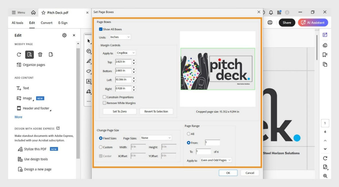 The Set Page Boxes dialog displays various crop page settings such as Page Boxes, Change Page Size, and Page Range.