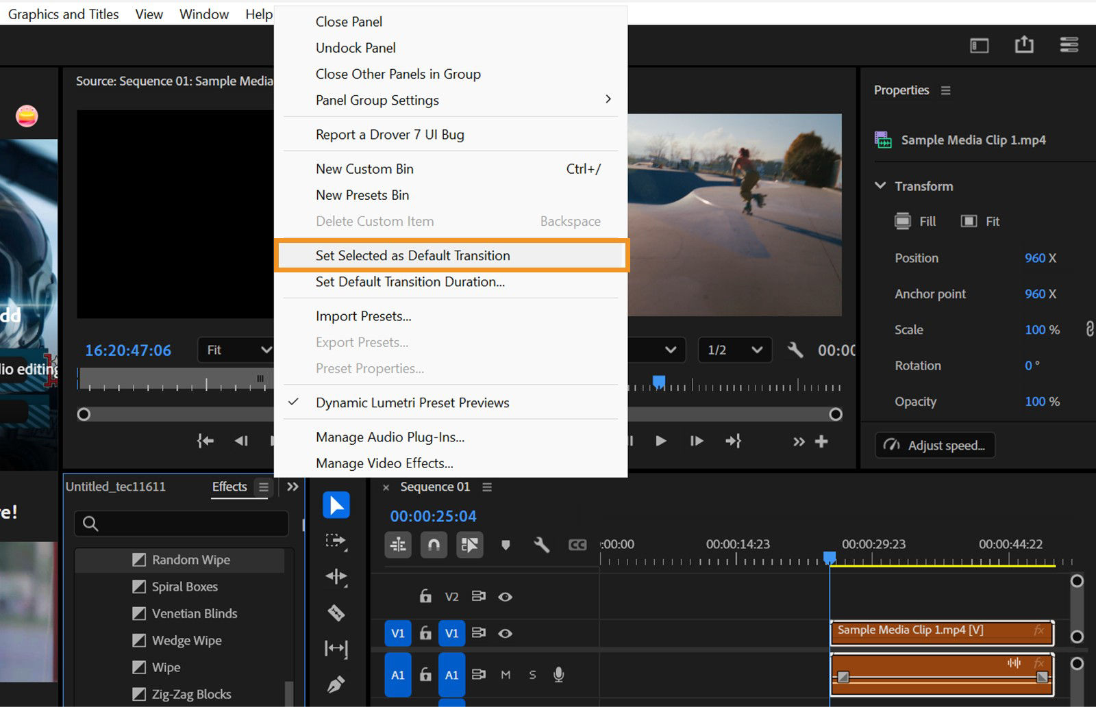 The Effects panel is open, and the 'Set Selected as Default Transition' option is highlighted to apply the default transition.