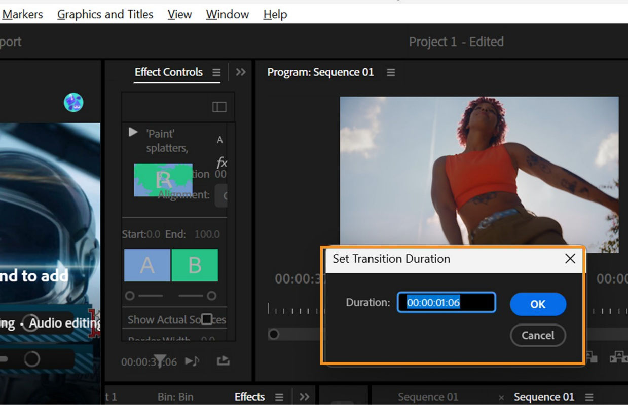 The transition is double-clicked in the timeline and the Set Transition Duration dialog box is launched. There is an option to add value for the Duration field.