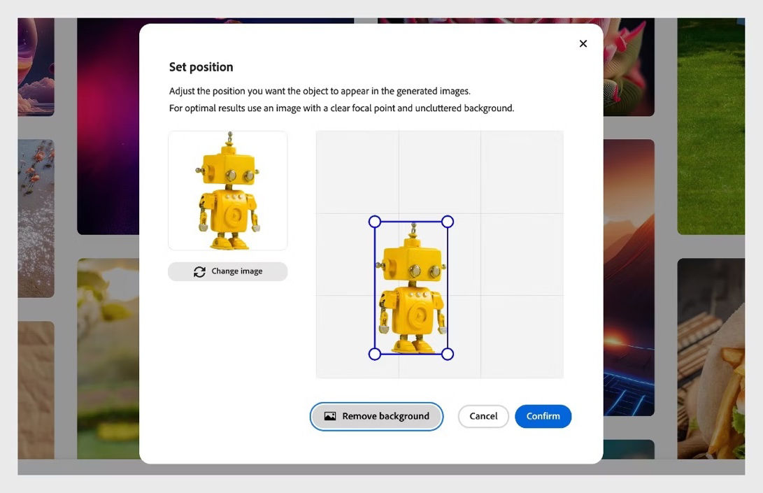 The Set position panel is open and it has an object uploaded. The object is a robot and it is currently selected for resizing and repositioning.