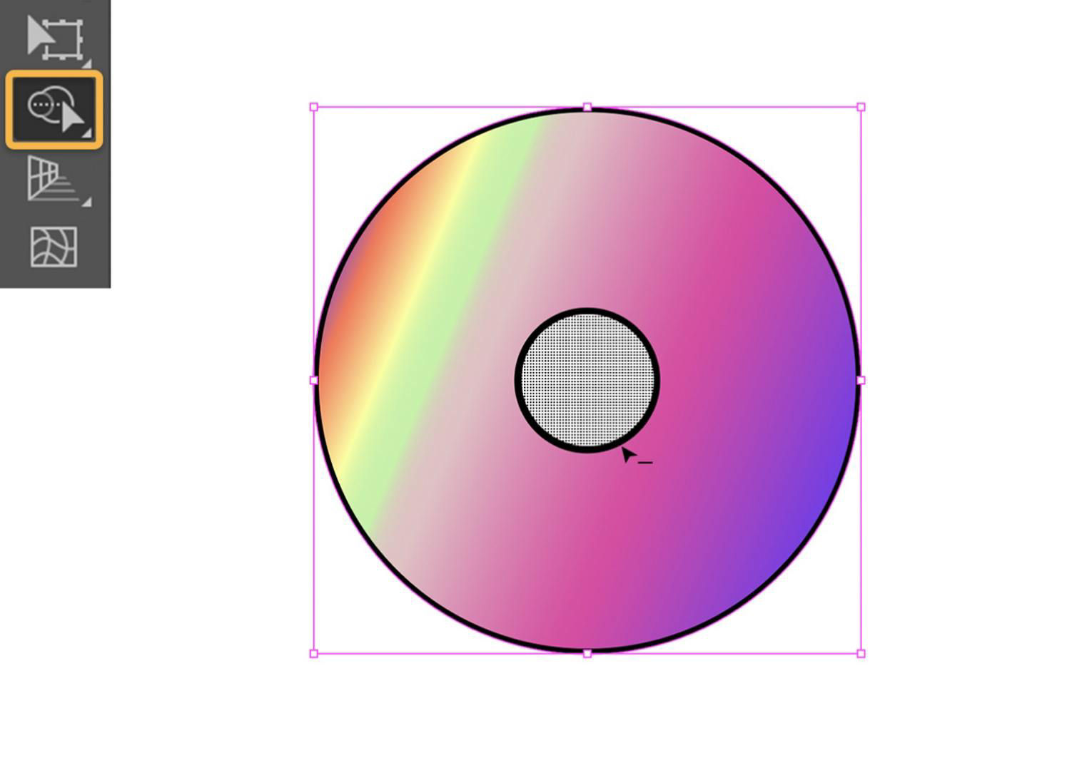 The Shape Builder tool is selected and the center circle is grayed out. The outer circle is filled with a multi-colored gradient.