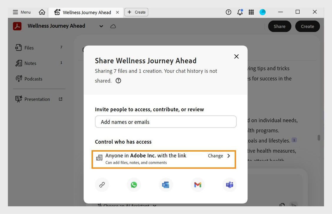 The Share dialog for a PDF Space displays fields to invite people, set link access levels, and choose recipient permissions such as adding files, notes, and comments.