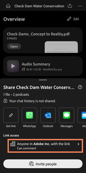 The Share dialog for a PDF Space on Acrobat mobile displays fields to invite people, set link access levels, and choose recipient permissions such as adding files, notes, and comments.