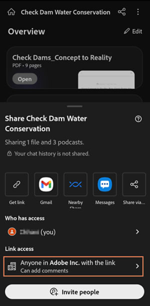 The Share dialog for a PDF Space on Acrobat mobile displays fields to invite people, set link access levels, and choose recipient permissions such as adding files, notes, and comments.