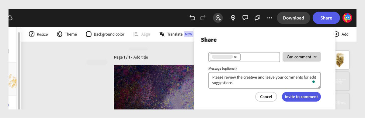 The Share menu is open, and it has options to add the collaborator's email address, specify permissions such as edit or comment, and even add a personalized message. 