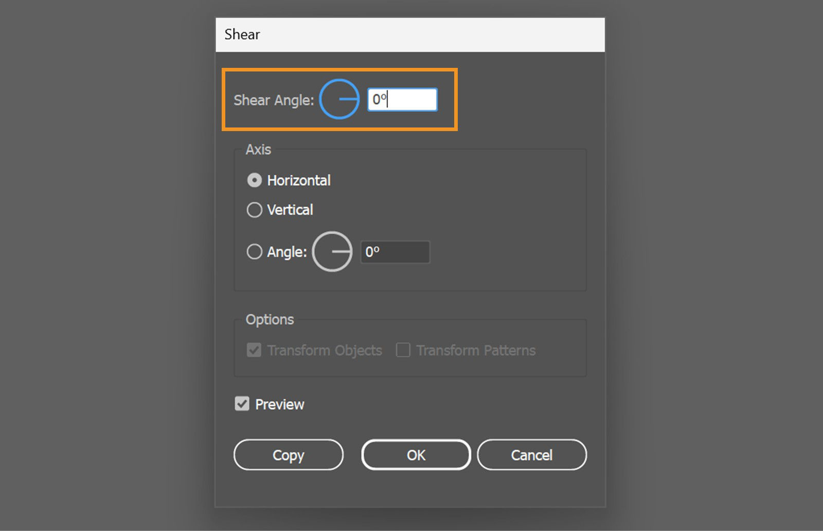 The Shear dialog box displays the Shear Angle option highlighted, along with other options for object skewing.