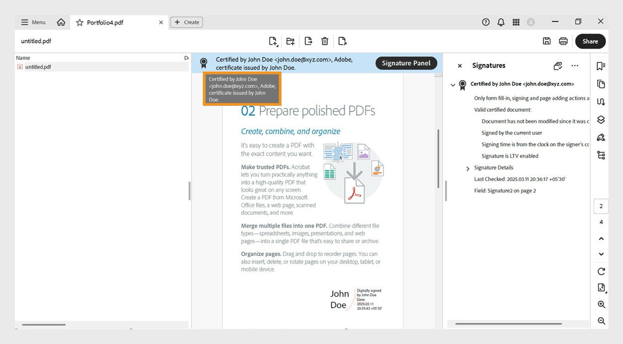 The Signature Badge in a PDF portfolio displays the certificate issuer's name, organization, and email ID. 