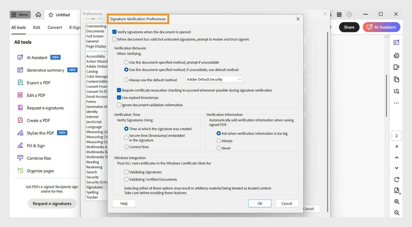 The Signature Verification Preferences dialog box displays options to customize signature verification settings.