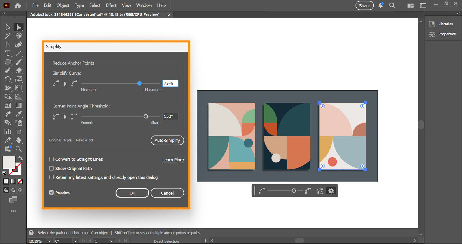 The Simplify dialog box displays the following options: Simplify curve, Corner Point Angle Threshold, Auto-Simplify, Convert to Straight Lines, Show Original Path, Retain my latest settings and directly open this dialog, and Preview.
