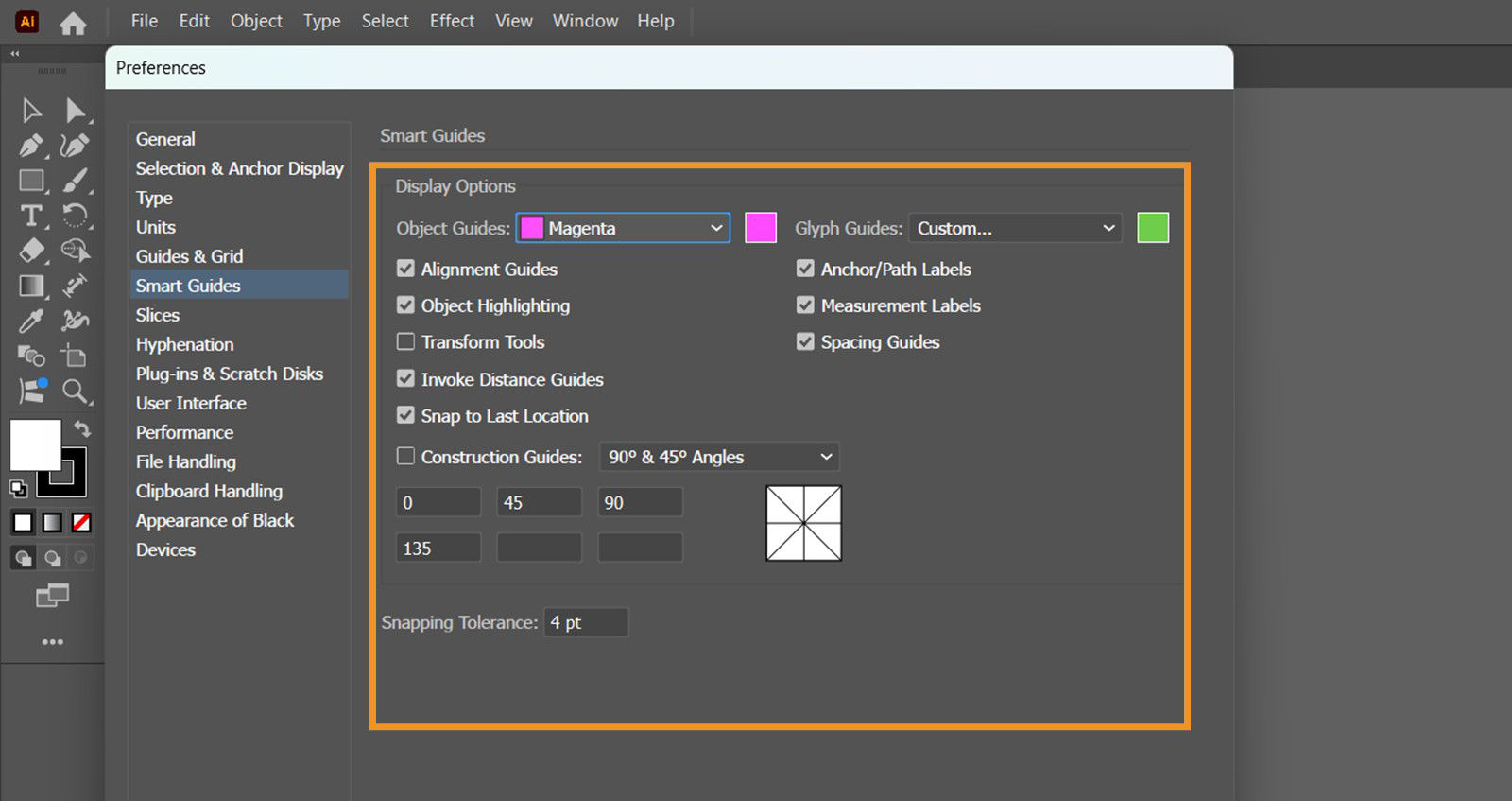 The Smart Guides Preferences dialog box displays the Display Options such as Object Guides, Glyph Guides, and more.