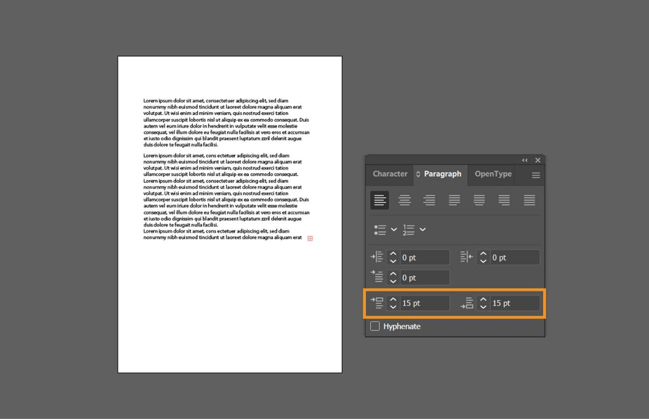 The Space before paragraph and Space after paragraph options are highlighted in the Paragraph panel.