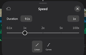 The Speed panel, showing a slider from 0.1x to 100x set at 1x, with Linear and Curves options below.