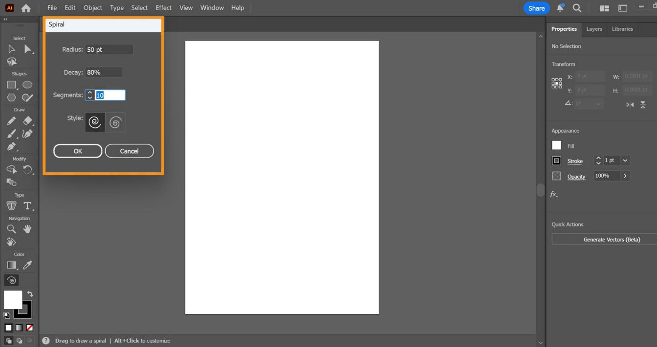 The Spiral dialog box is displayed on the canvas showcasing settings such as Radius, Decay, and more.