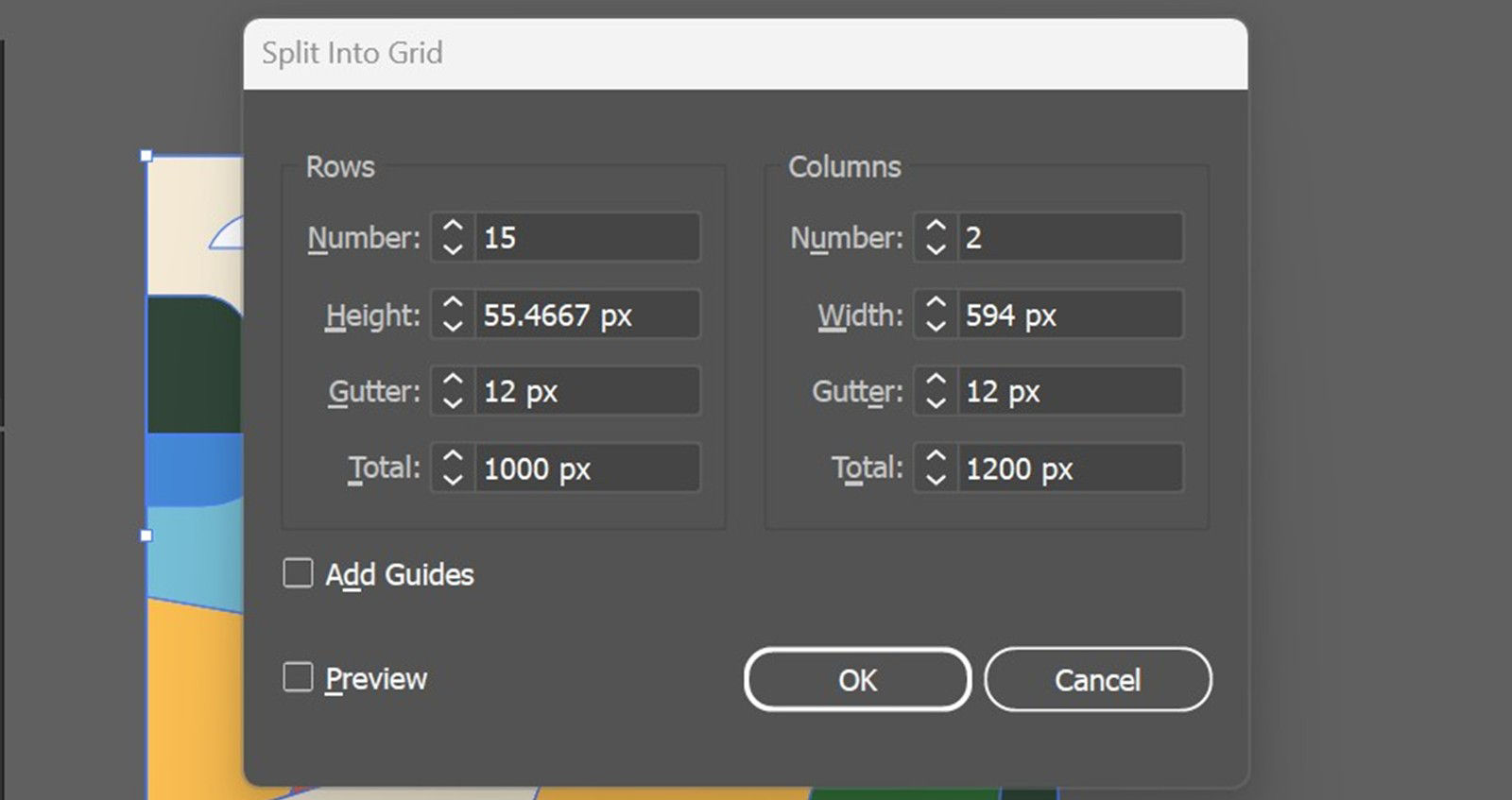The Split Into Grid dialog box is open with options to set the number of rows and columns, adjust spacing with gutters, and enable guide creation and preview of the art work. 