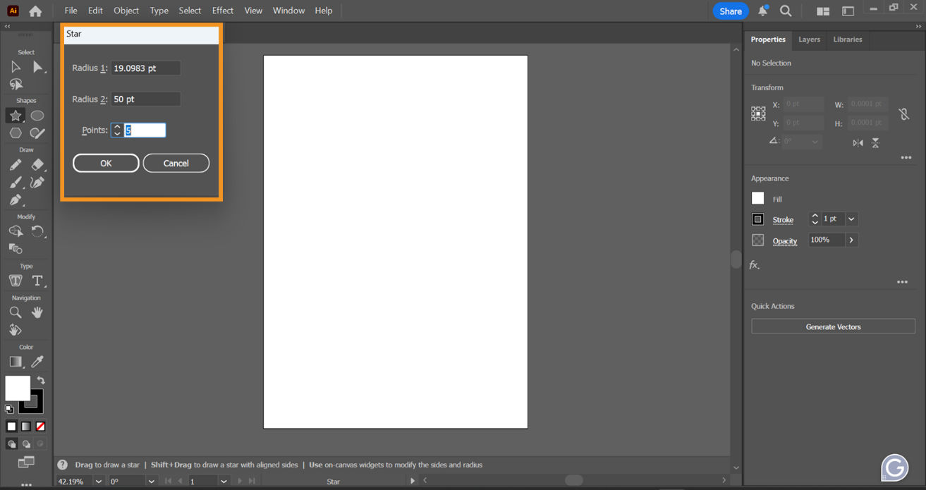 The Star tool dialog box is showcased on the screen displaying options to set Radius 1, Radius 2, and more.