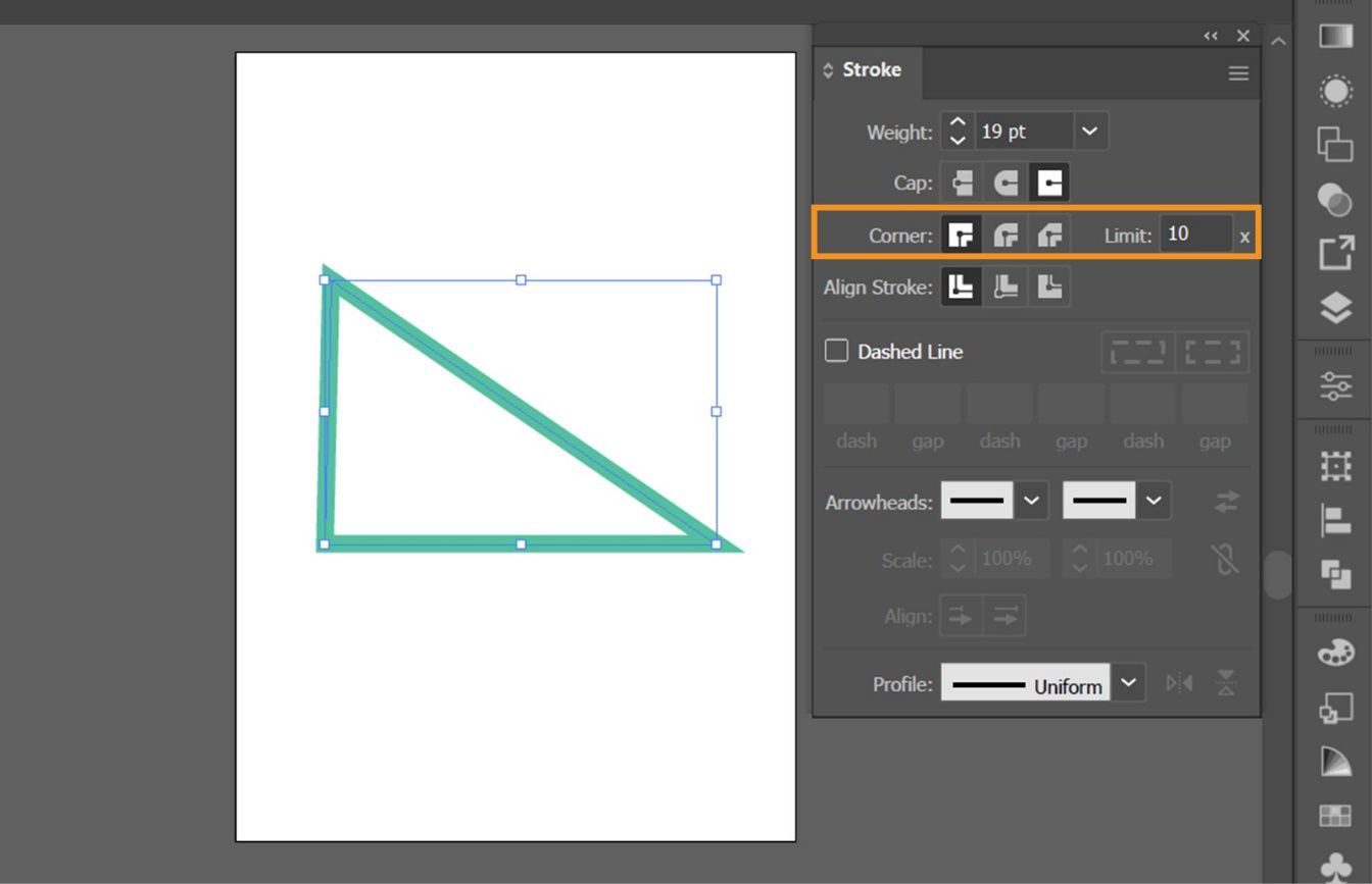 The Stroke panel displays cap options and join options, to adjust stroke ends and corner styles, with stroke weight and alignment settings.