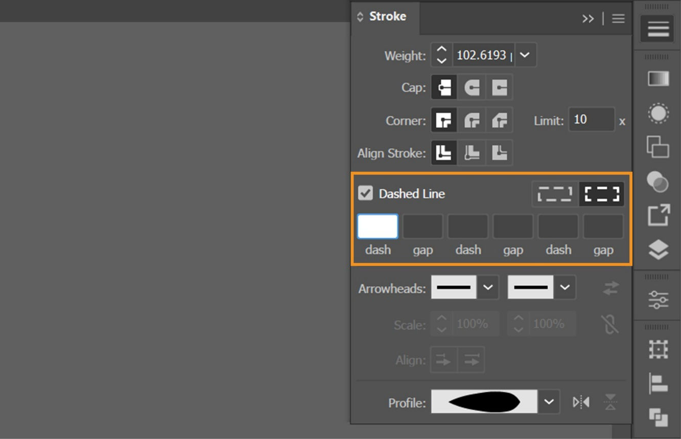 The Stroke panel displays dashed line settings, with options to adjust dash lengths, gaps, and alignment for corners and path ends.