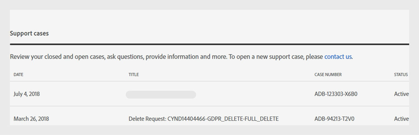 The Support history pages shows your support cases, their date of creation, title, case number, and status.