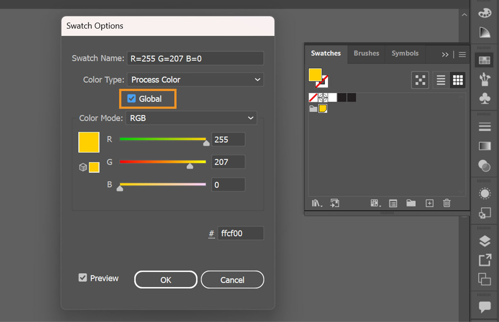 The Swatch Options dialog box shows the Global option enable and highlighted.