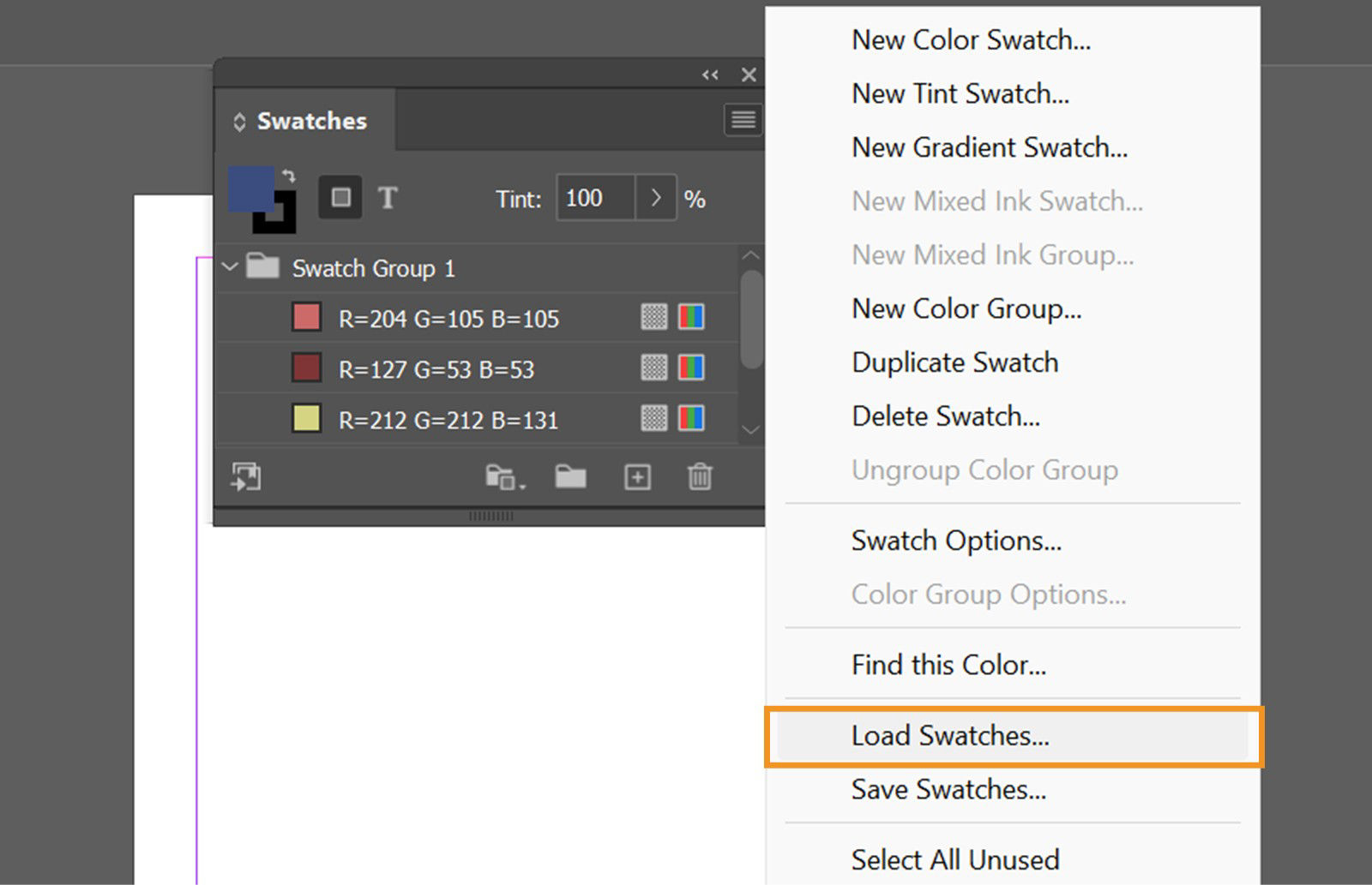 The Swatches panel in InDesign displays the Load Swatches option highlighted. 