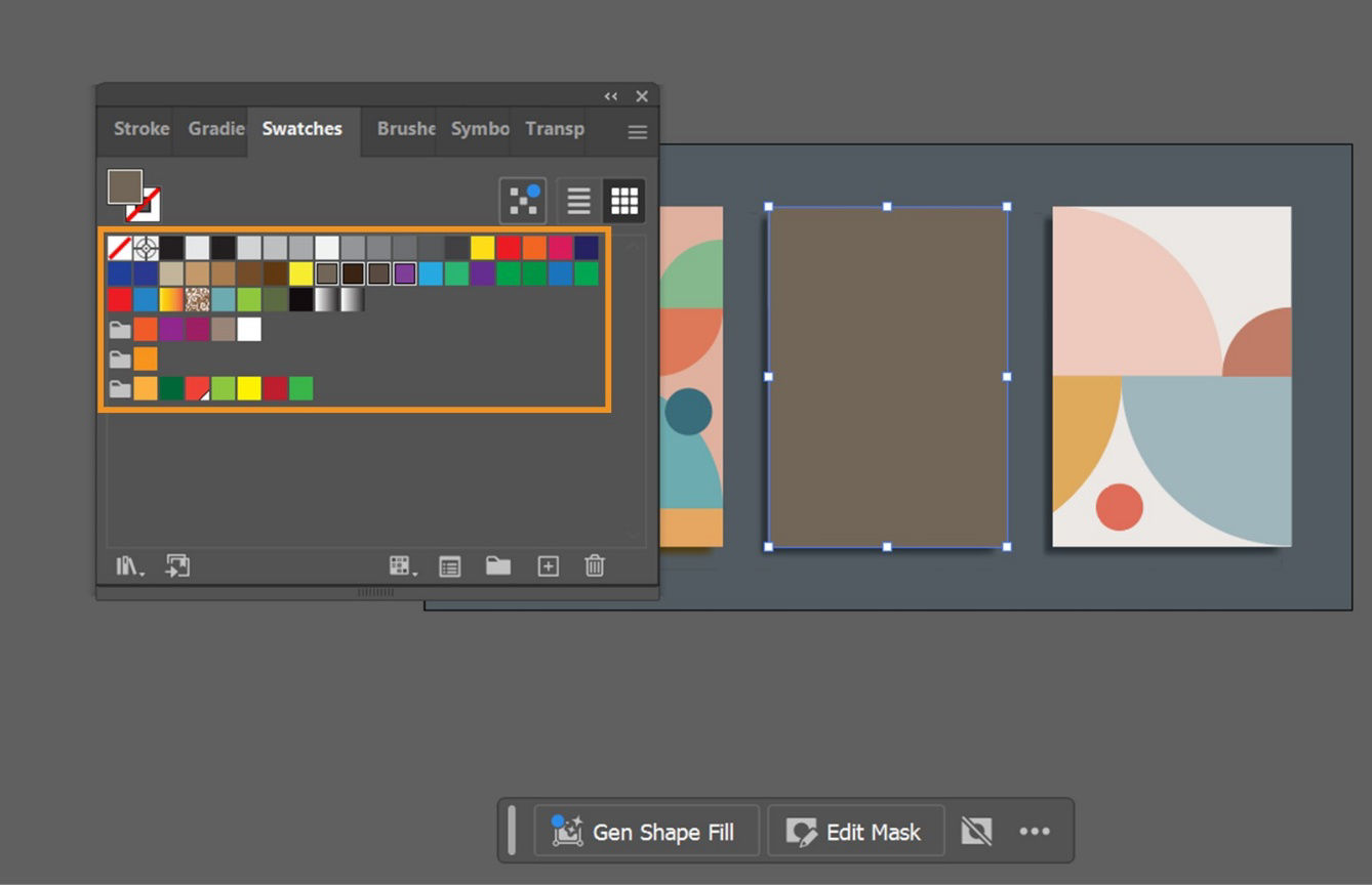 The Swatches panel is displayed on screen showcasing different Swatches and options such as Swatches Libraries menu, New Swatch Group, New Swatch, and more. 