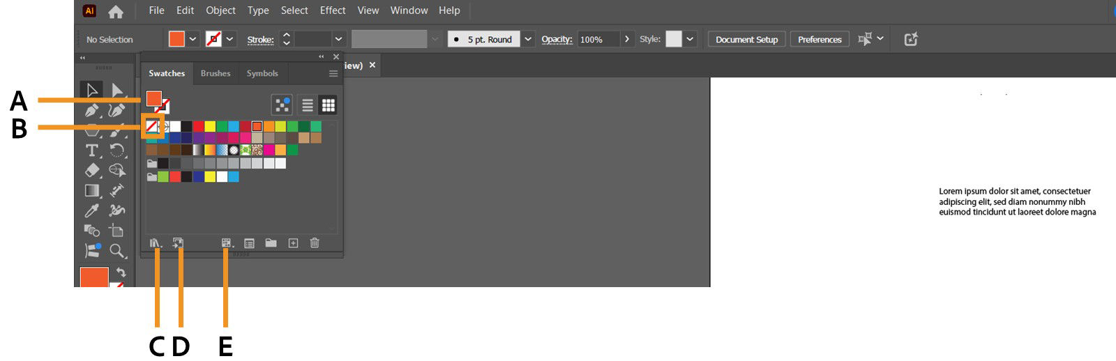 The Swatches panel is displayed on the screen showcasing options for Fill/Stroke selector, None, Swatch Libraries menu, and more.