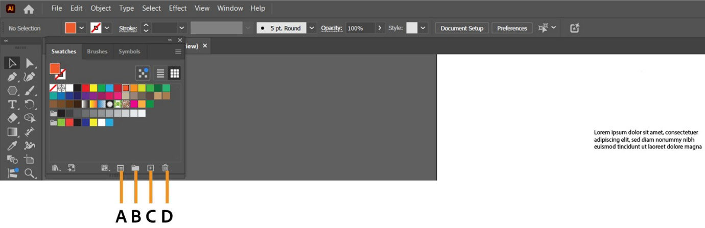 The Swatches panel is displayed on the screen showcasing options for Swatch Options, New Swatch Group, New Swatch, and more.