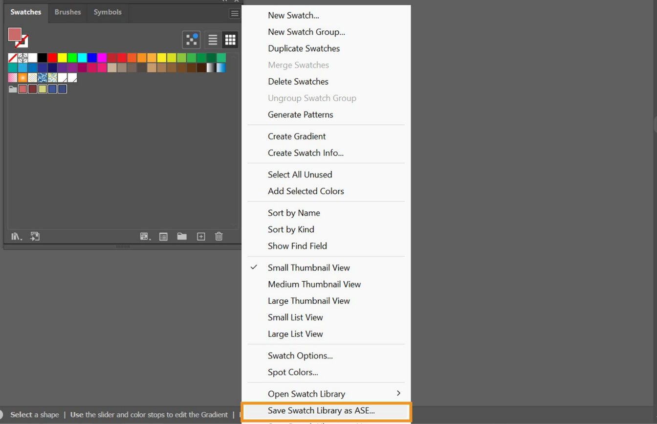 The Swatches panel menu displays various options along with Save Swatch Library as ASE.