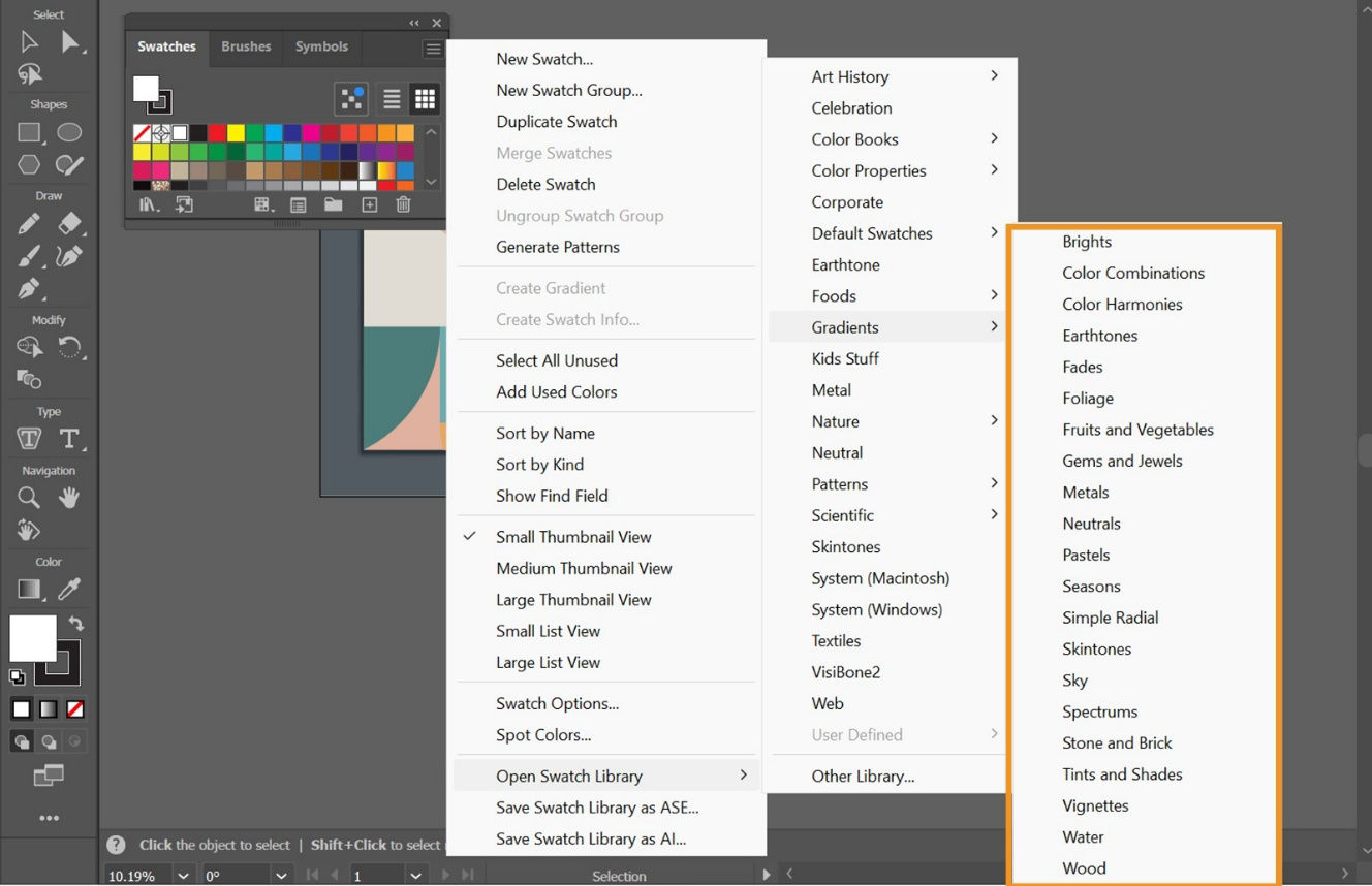 The Swatches panel menu under the Open Swatch Library menu displays several gradient options ready for selection.