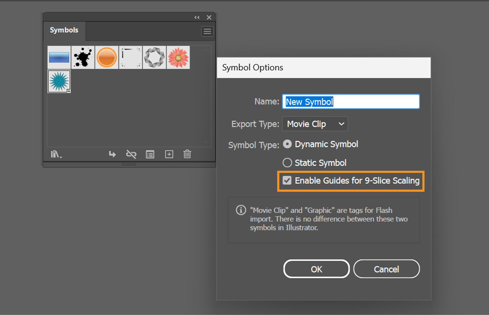 The Symbols panel displays available symbols, while the Symbol Options dialog box displays highlighted Enable Guides for 9-Slice Scaling option along with other settings.
