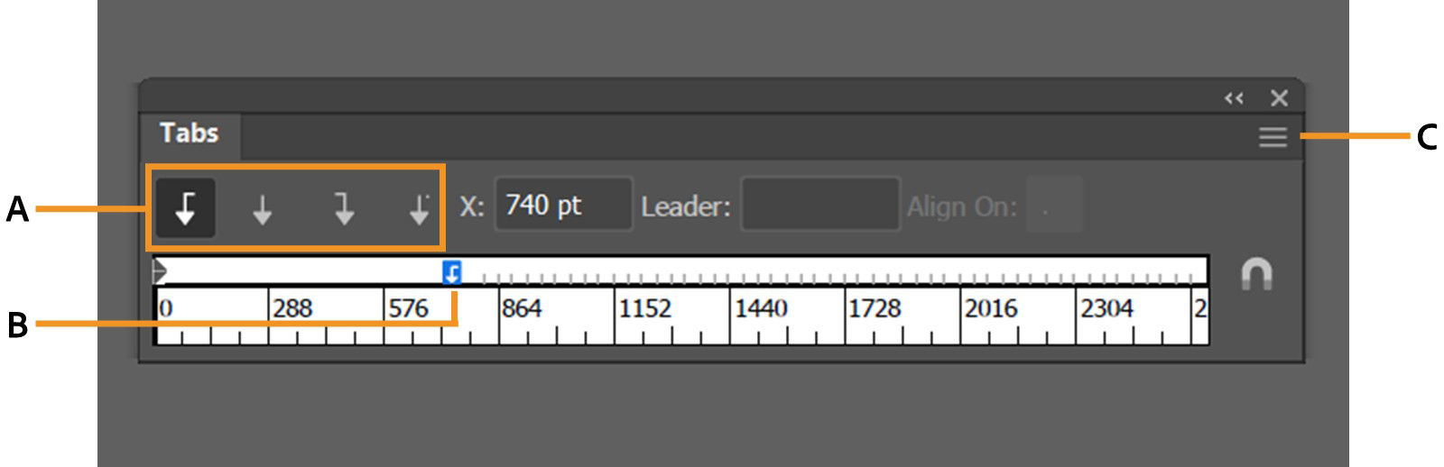 The Tabs panel displays the alignment buttons and tab stop and panel menu.