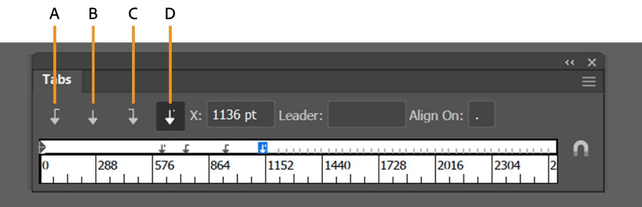 The Tabs panel displays the following highlighted options: Left-Justified Tab, Center-Justified Tab, Right-Justified Tab, and Decimal-Justified Tab.