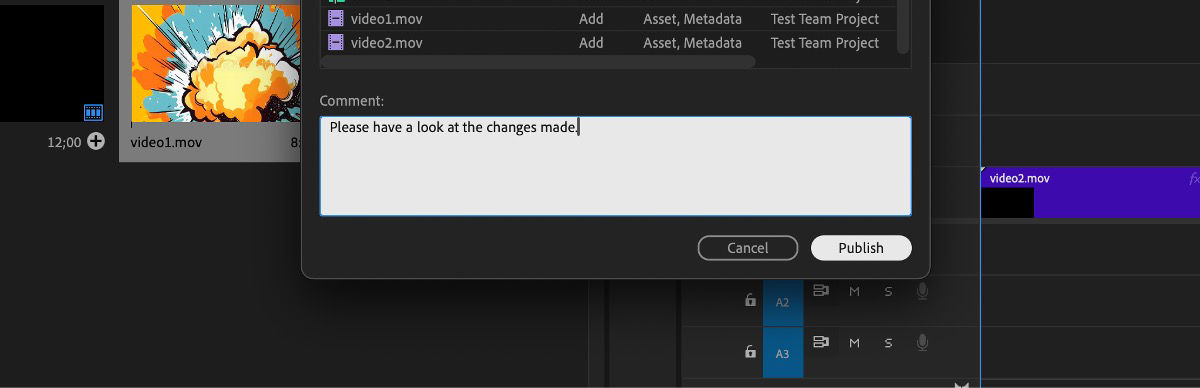 The Team Projects dialog box includes new edits, a comment for the collaborators, and  an option to publish so that the changes are available to all.