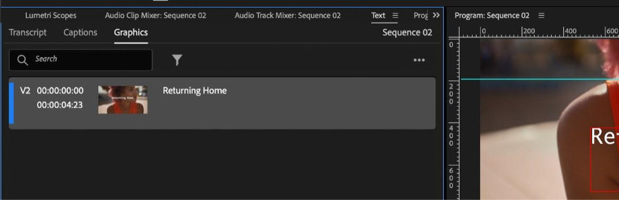 The Text panel is open and the Graphics tab is selected which displays the text in the sequence.