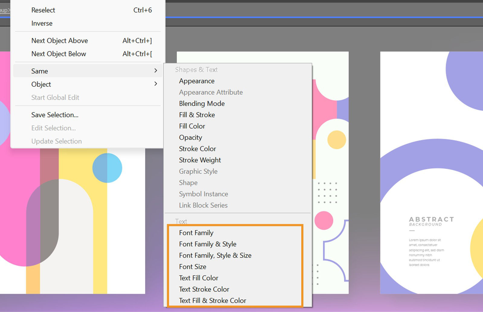 The Text section of the Same menu under Select is highlighted. It includes options like Font Family, Font Size, and more. 