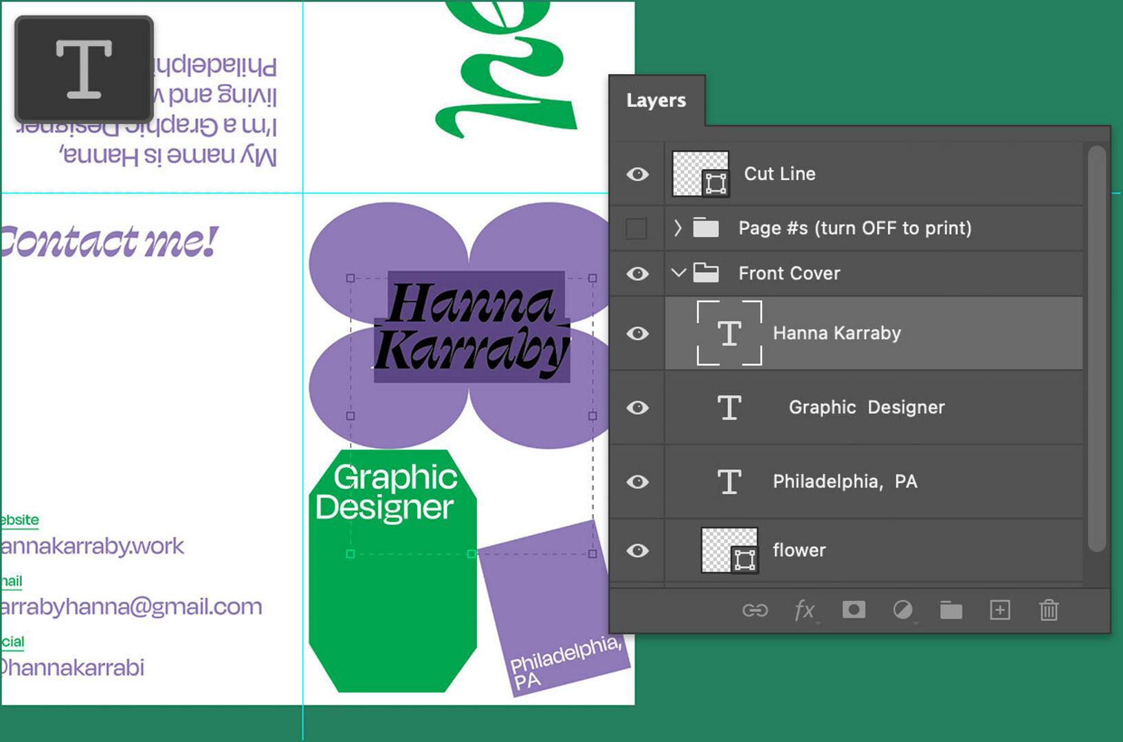 The Text tool is displayed and the “Hanna Karraby” text layer is selected in the Layers panel. The corresponding text on the layout is highlighted in grey and outlined by a dashed box.