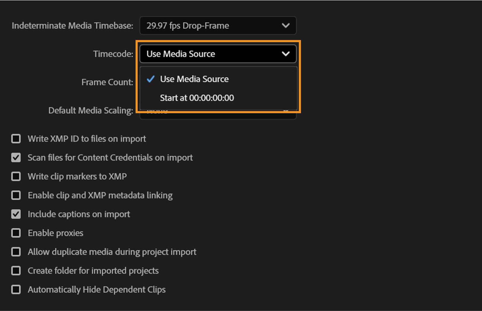 The Timecode dropdown is highlighted in the Media Preferences dialog box.