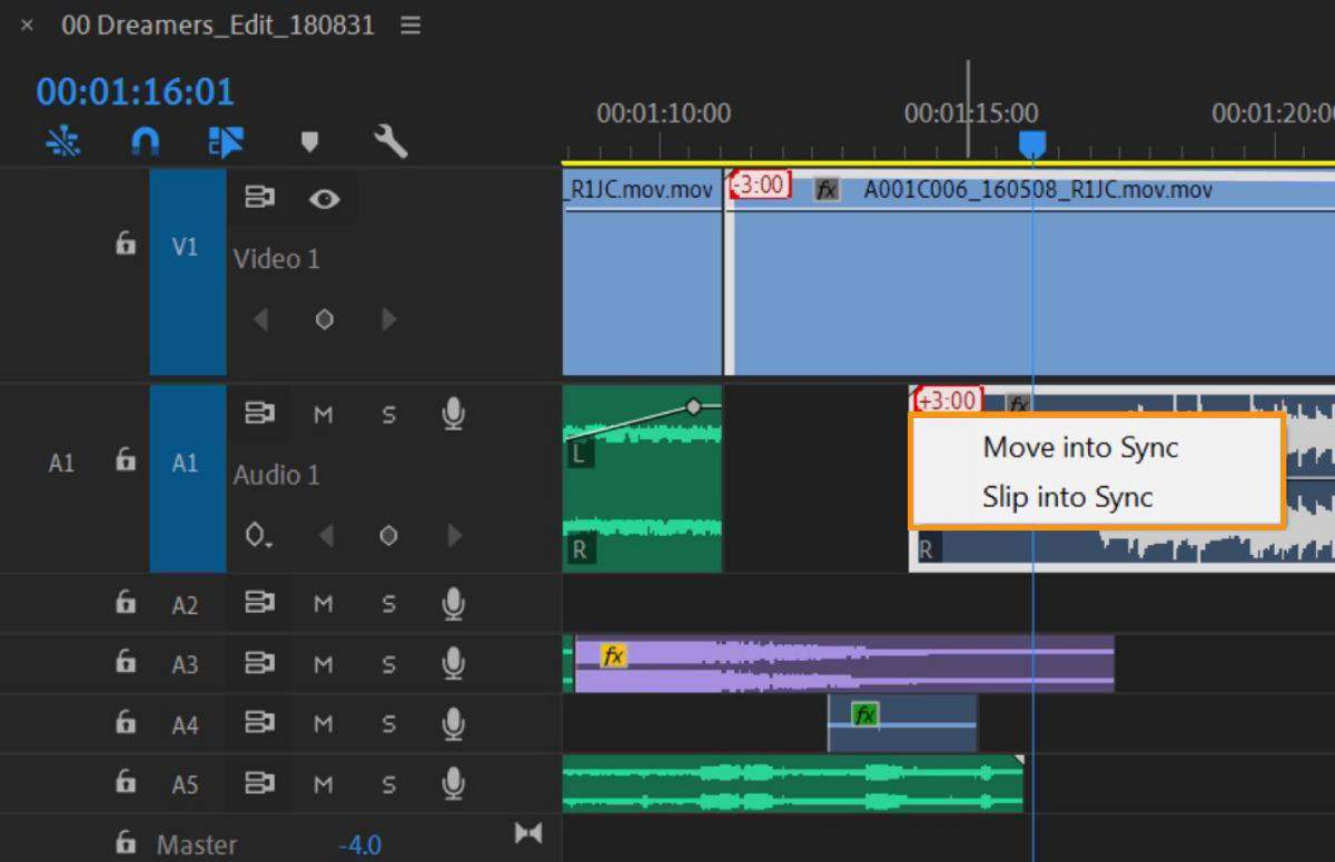 The Timeline panel had out-of-sync video and audio clips, and the context menu shows the option to Move into Sync and Slip into Sync.