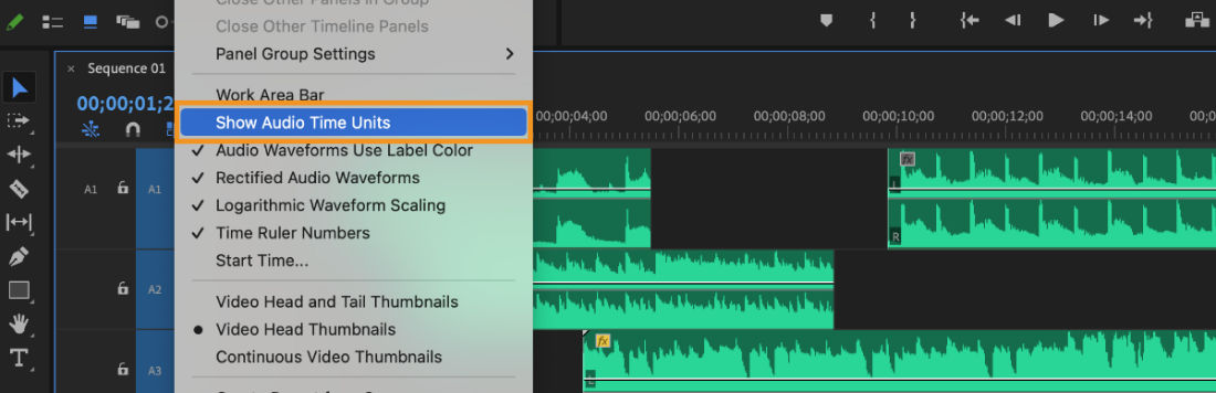 The Timeline panel menu open with the Select Show Audio Time Units option selected.