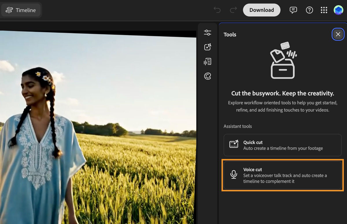 The Timeline workspace shows the Tools panel with a highlight over Voice cut.