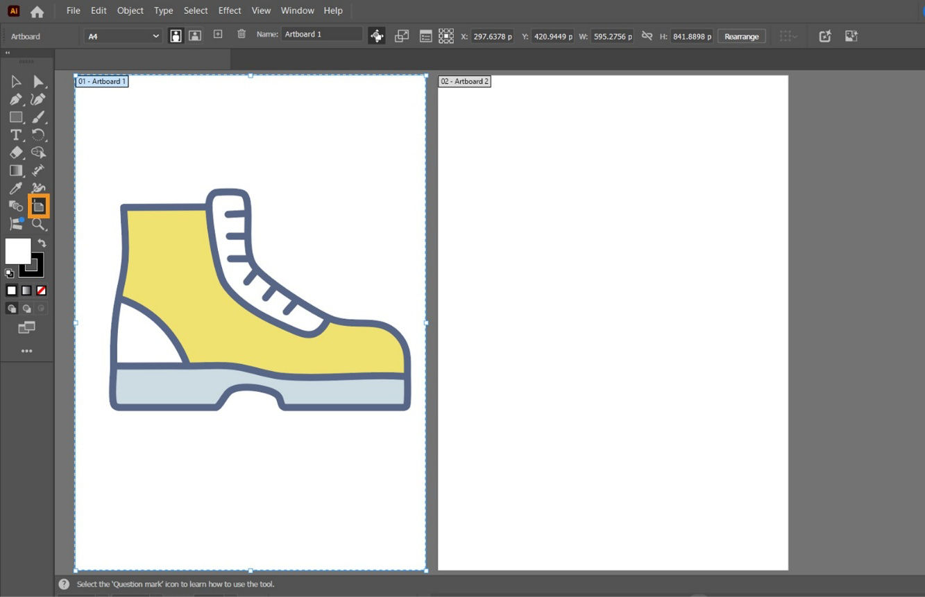 The Tools panel shows the highlighted Artboard tool, which is used to select an artboard with artwork for further editing.