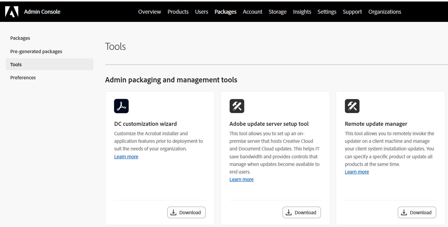 The Tools screen displays the option to download the Admin packaging and management tools.