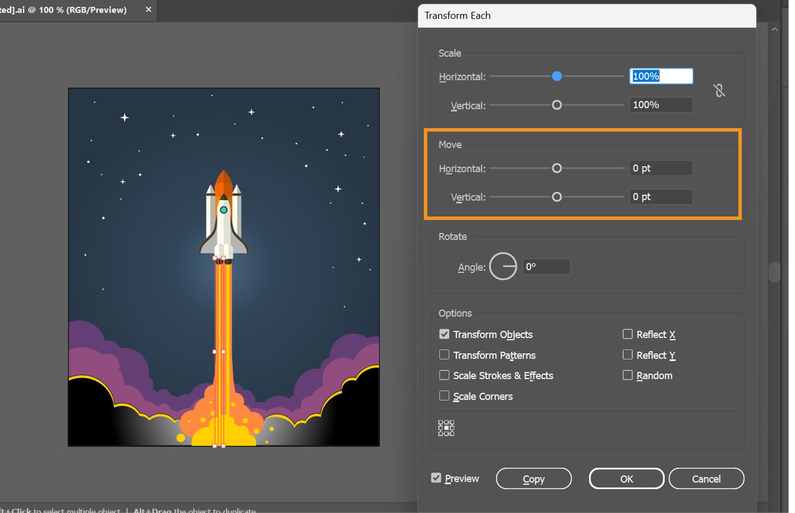 The Transform Each dialog box is displayed on the screen showcasing Move settings such as Horizontal, Vertical, and more.
