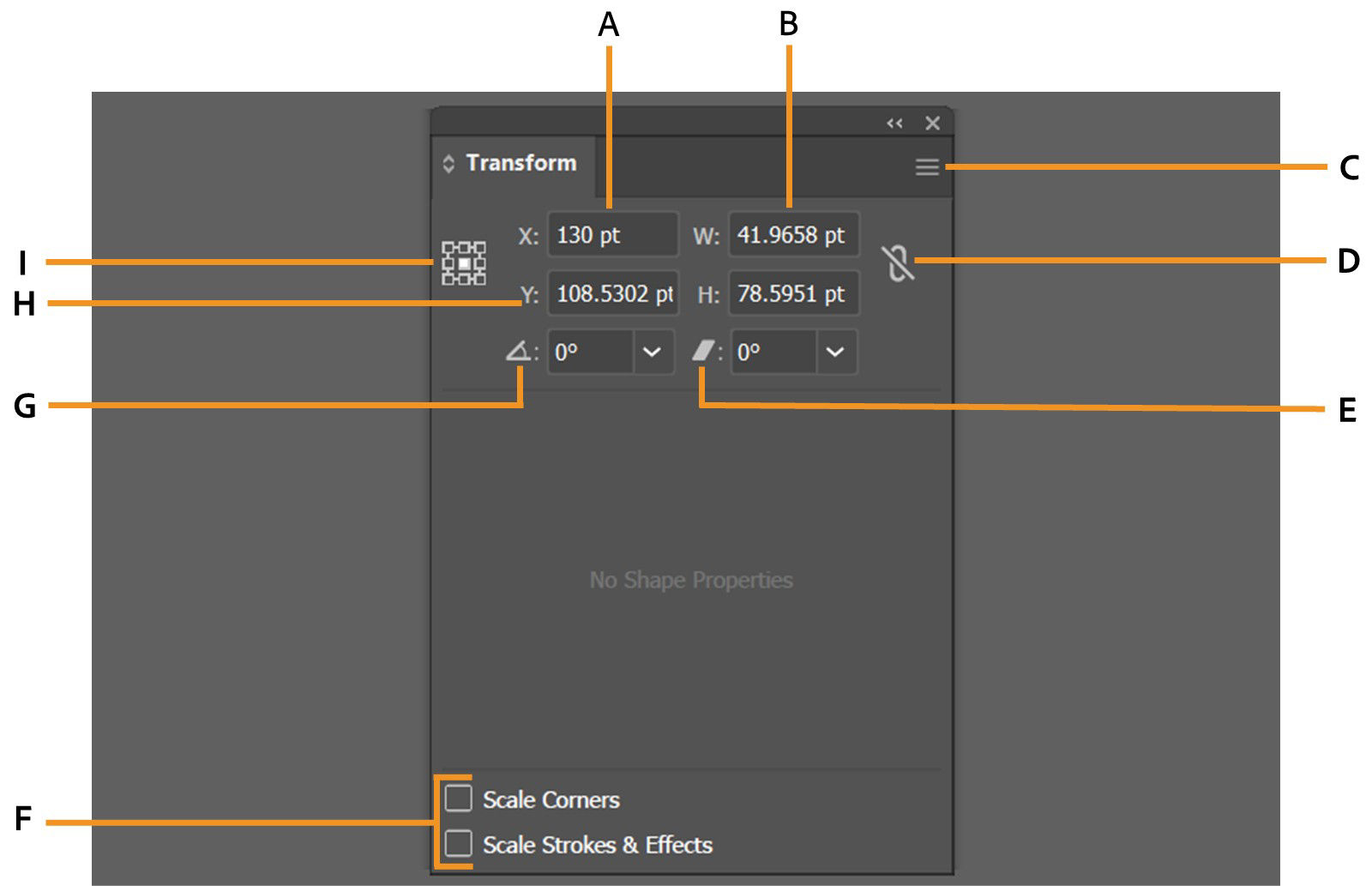 The Transform panel displays fields for X and Y position, width, height, rotation, shear, and options to lock proportions, scale corners, and scale strokes and effects, with shape properties column.