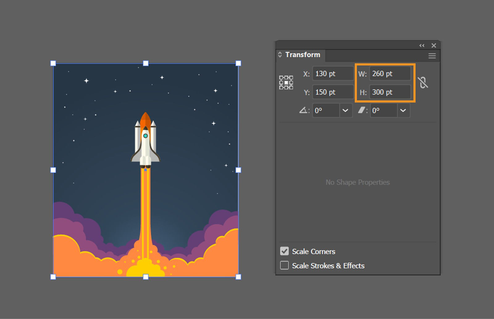 The Transform panel displays the width and height fields highlighted along with other options to set X and Y values, and degree of angle.