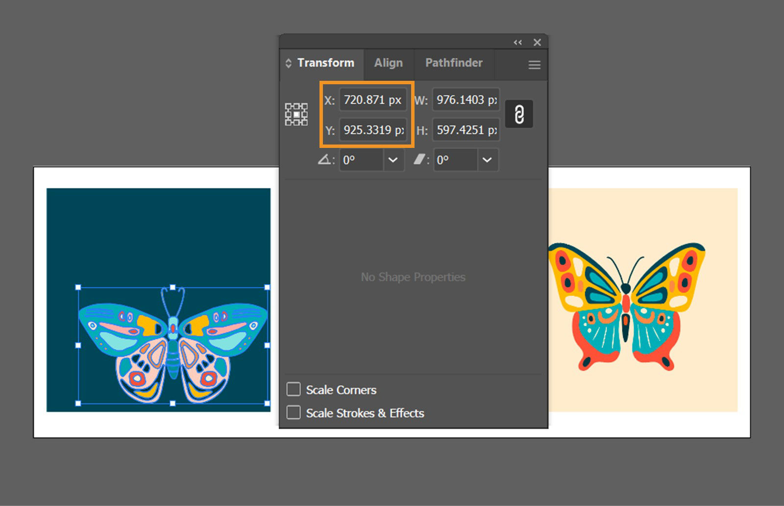 The Transform panel is displayed on the screen highlighting the settings for moving the objects using X and Y coordinates.
