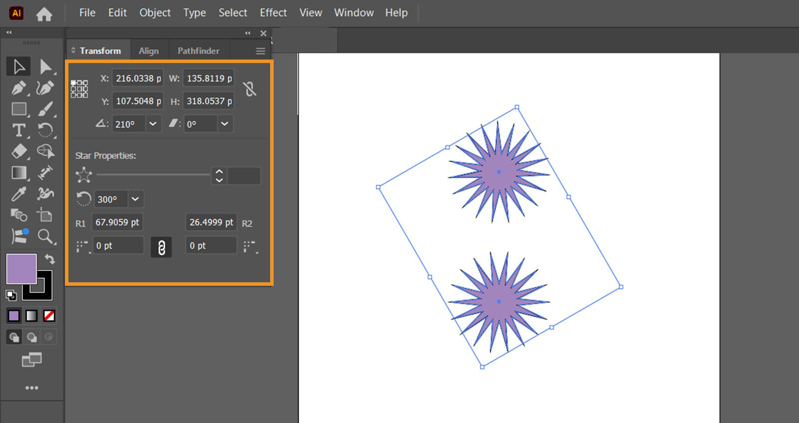 The Transform panel is displayed on the screen showcasing settings to adjust Rotate, Shear, Star Side Count, and more.