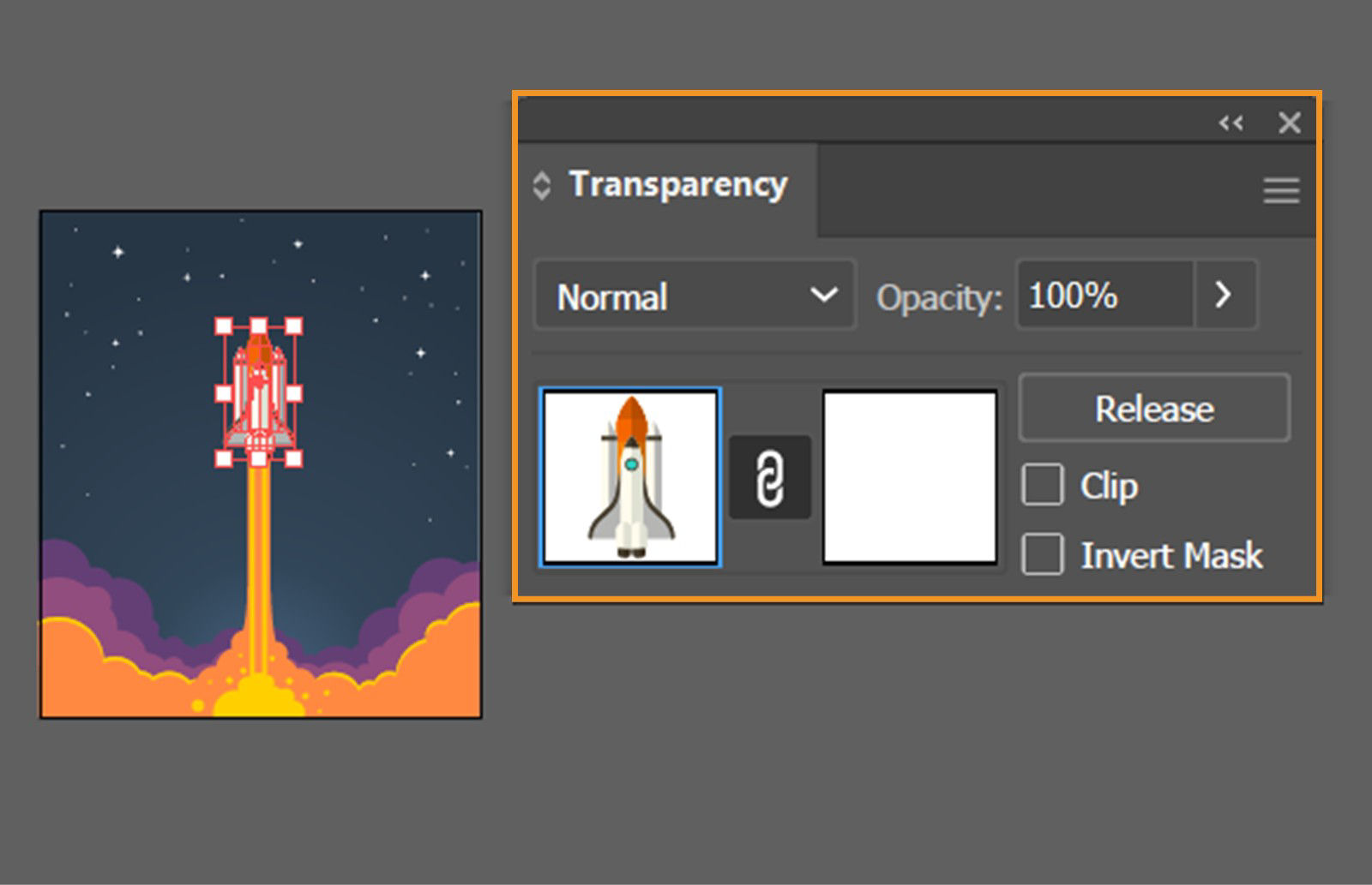 The Transparency panel displays the following options: Blending Mode dropdown, Opacity slider, Opacity Mask thumbnails, Make/Release Opacity Mask, Clip and Invert Mask.