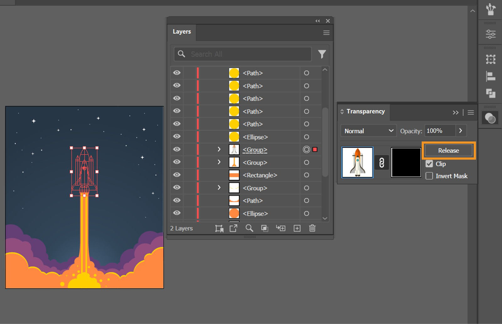The Transparency panel displays the highlighted Release option to remove opacity mask from the rocket artwork, while the Layers panel displays the targeted masked group.